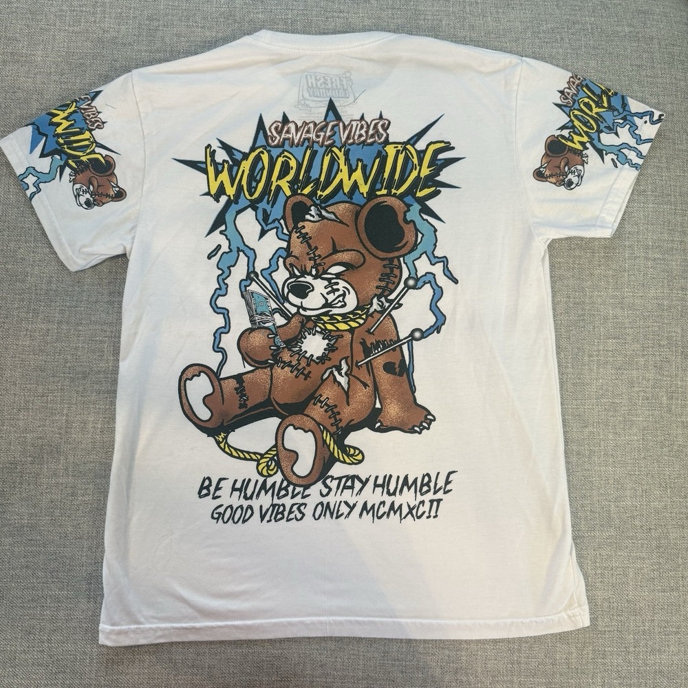 Savage Vibes Worldwide T Shirt Mens White Bear Lightning Graphic Streetwear Sz M